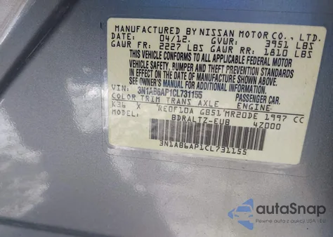 2012 Nissan Sentra 2.0 S z USA, uszkodzony, nr VIN 3N1AB6AP1CL731155